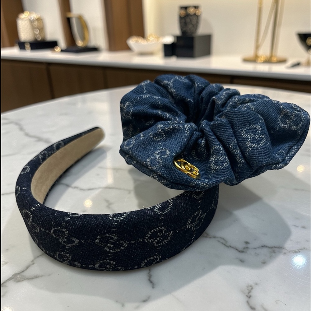 Designer-Inspired Navy Denim Headband and Scrunchie Set